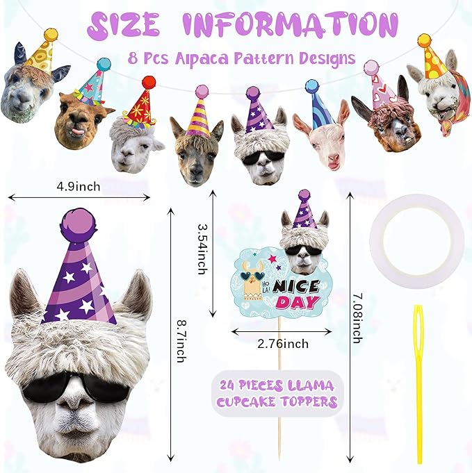 25 Pcs Llama Birthday Banner Garland Funny Decorations Include 1 Pcs Garland and 24 Alpaca Face Cake Cupcake Topper Llama Birthday Decorations Portrait Bunting Cactus Hilarious Bday Party Supplies