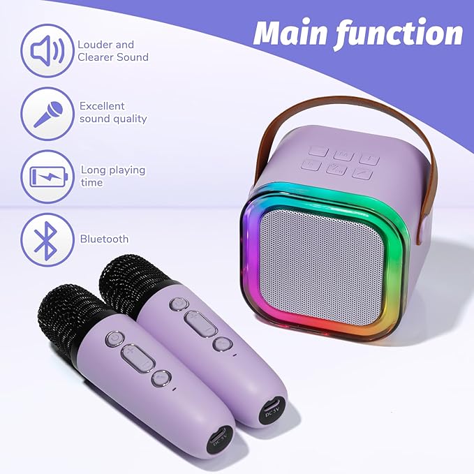 Mini Karaoke Machine for Kids, Portable Karaoke Speaker with 2 Wireless Microphones,Voice Effects,LED Lights, Singing Machine for Girl, Ages 3,4,5,6,7,8,9,10,11,12+ Years Old Birthday Gift(Purple)
