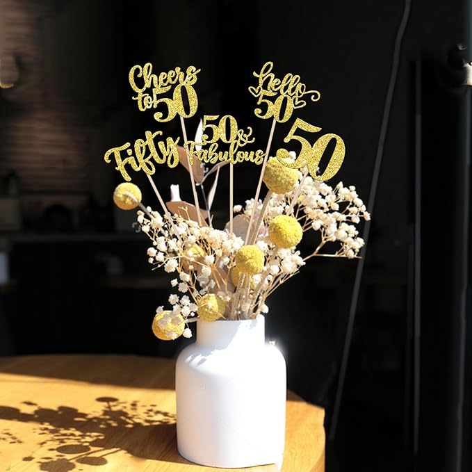 15PCS Happy 50th Birthday Centerpiece Sticks Hello 50 Fabulous Table Flower Centerpieces Sticks Fifty Cheers to 50 Years Floral Decoration for Happy 50th Birthday Party Centerpieces Sticks Gold