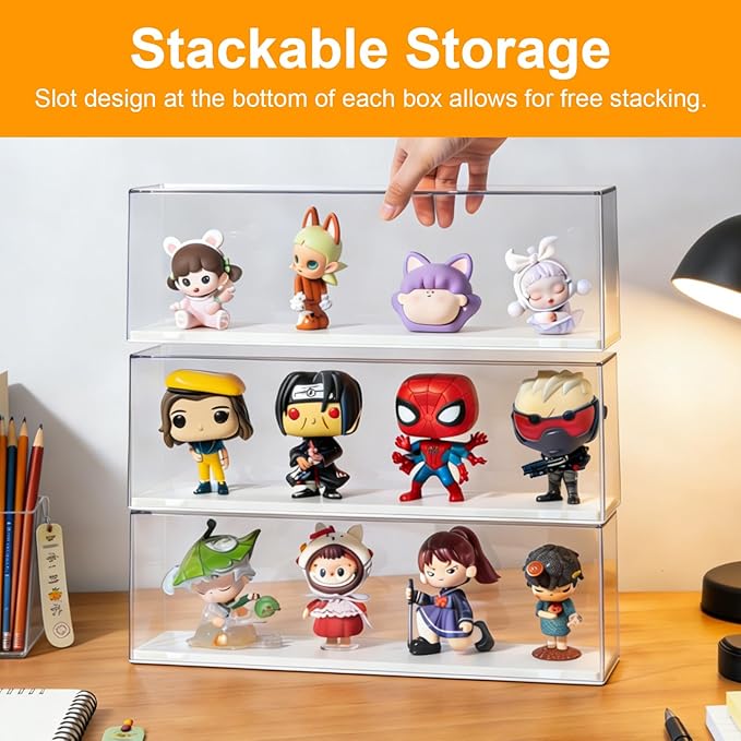 2 Pack Clear Acrylic Figures Display Case Stackable Box with Base, Dustproof Protector for Anime Figurine, Collectibles, Funko Pop, Model Cars - Home Office Display Showcase