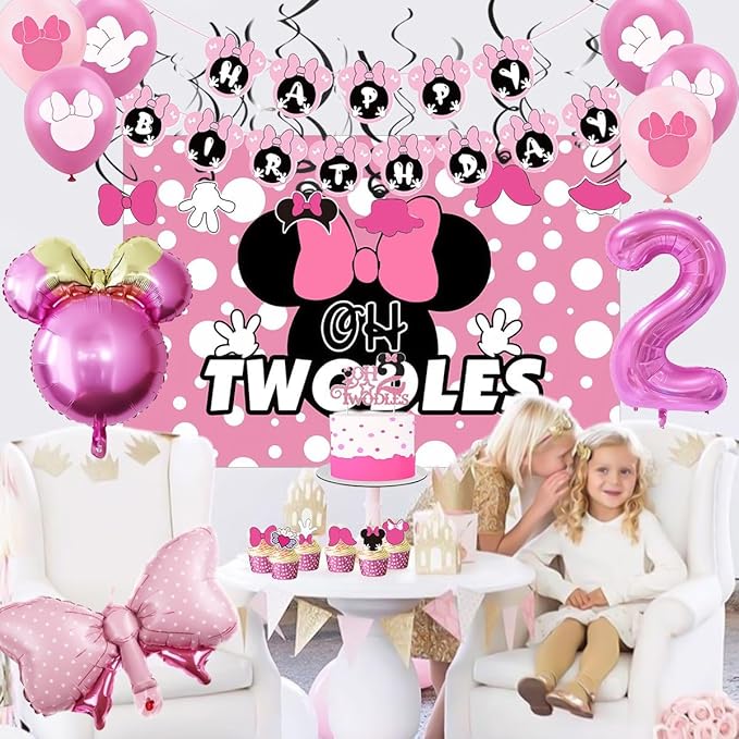 Pink Mouse 2nd Birthday Party Supplies Oh Twodles Girl Second Party Decorations Cartoon Mouse Theme Birthday Decorations Set