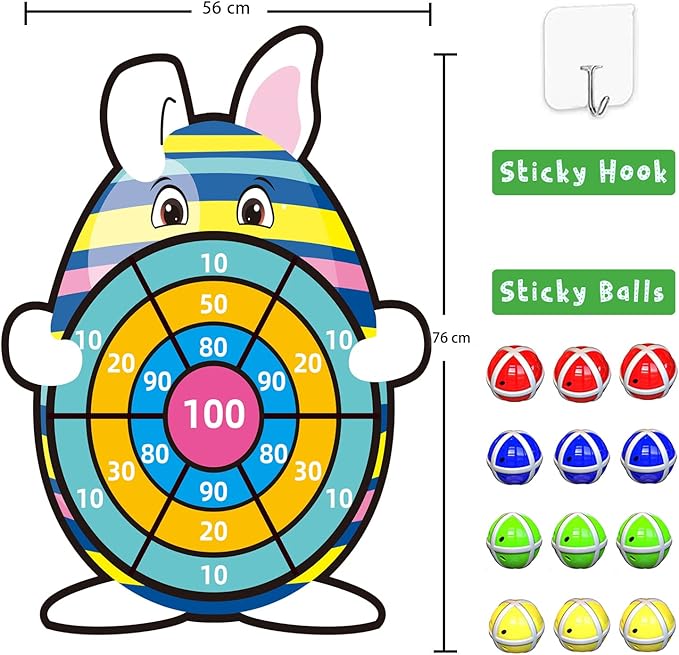 Easter Basket Stuffers, 30” Large Bunny Dartboard Game with 12 Sticky Balls, Eggs Fillers, Easter Baskets for Kids Boys Girls Toddlers Gifts Party Favor Supplies Decorations