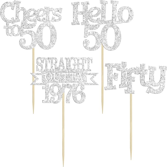 Ephlyn 24Pcs Happy 50th Birthday Cupcake Toppers Glitter Straight Outta 1976 Cupcake Picks Hello 50 Cheers to 50 Years Birthday Cake Decorations for 50th Birthday Anniversary Party Supplies Silver