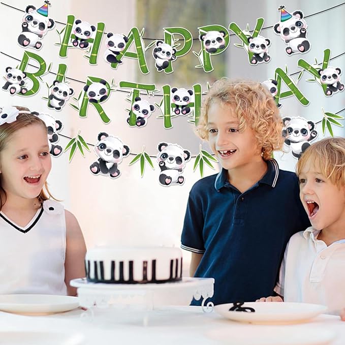 Zwiebeco Pandas Happy Birthday Party Decoration Green Black White Bamboo Leaves Sign Banner Hanging Paper Garland Bunting for Babys Kids Themed Accessories Supplies