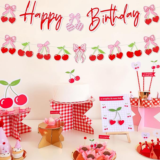 Pre-Strung Cherry Birthday Decorations, NO DIY Happy Birthday Banner, Cherry and Bows Themed Party Supplies