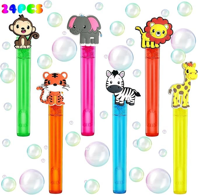 Jungle Safari Party Favors,24Pcs Wild Animals Bubble Wands for Kids,Zoo Bubble Wand for Safari Wild One Birthday Party Supplies,Pinata Baby Shower Goodie Bag Stuffers Gift
