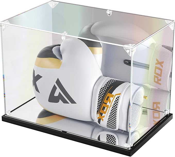 Boxing Glove Display Case with Mirror Back and Base, Acrylic Display Case for Full Size Boxing Glove, Watch The Video to Assemble (14x9.5x8.7 inch, 35x24x22 cm)