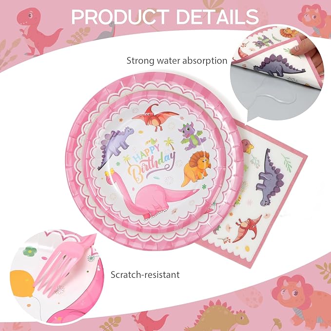 96Pcs Pink Dinosaur Plates Birthday Party Supplies, Dinosaur Paper Plates and Napkins and Cups Baby Shower Birthday Party Decorations for Girl, Serves 24