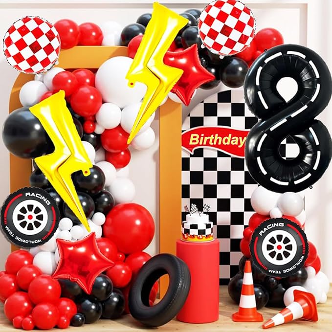 Race Car Birthday Party Decorations Large Lightning Bolt Foil Balloons Race Car Balloons 40 Inch Racetrack Number 8 Balloon for Boys 8th Race Car Birthday Party Decor Supplies