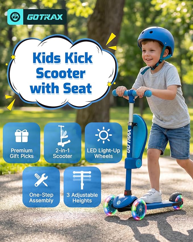 Gotrax KS3 Kids Kick Scooter, LED Lighted Wheels, Adjustable Height Handlebars and Removable Seat, Lean-to-Steer & Widen Anti-Slip Deck, 3 Wheel Scooter for Kids Ages 2-8 and up to 110 Lbs
