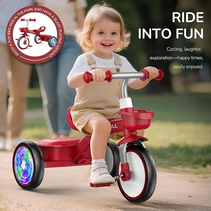 Umatoll Toddler Tricycle for 18 Month to 4 Year Old Boys Girls,Toddler Bike Toys with Adjustable Seat&Light-Up Wheels,Birthday Gift for Age 2-3 (Red)