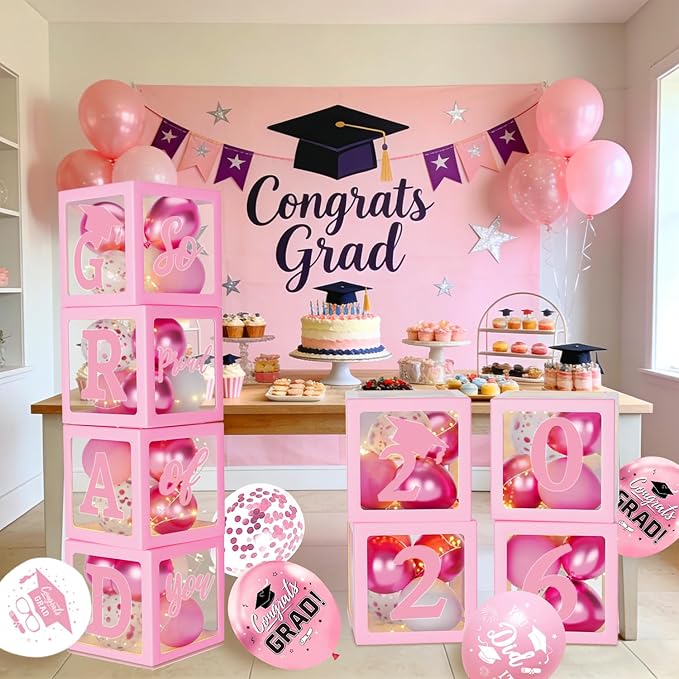 Pink Graduation Decorations Class of 2026 - Set of 4 Balloons Boxes with Letters 2026 GRAD So Proud of You, Congrats Grad Party Decorations for Any Grades