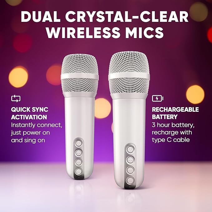 MASINGO Portable Mini Karaoke Machine for Kids and Adults with Dual Wireless Bluetooth Microphones, Animated LED Display, USB/Aux/MicroSD, Voice Effects, Fun Karaoke Toy for Girls and Boys, Animato S1