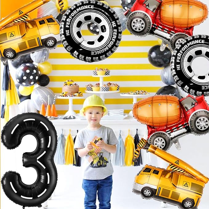 3rd Birthday Decorations for Boys Construction Balloons 40inch Number 3 Balloons Truck Foil Balloon for Construction Birthday Party Decorations Supplies