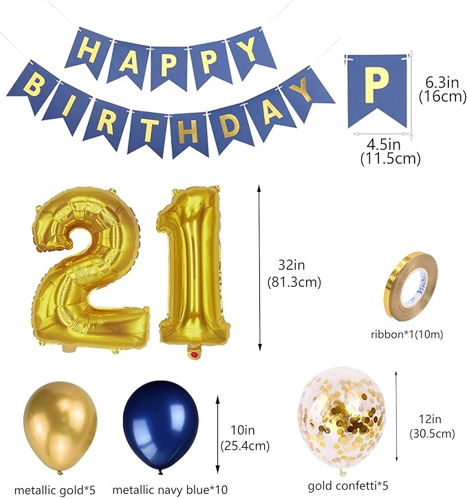 21st Birthday Party Decorations for Men, Navy Blue Gold Birthday Banner Number 21 Foil Balloons Metallic Latex Confetti Balloons for Men Him 21 Years Old Decoration (21st)