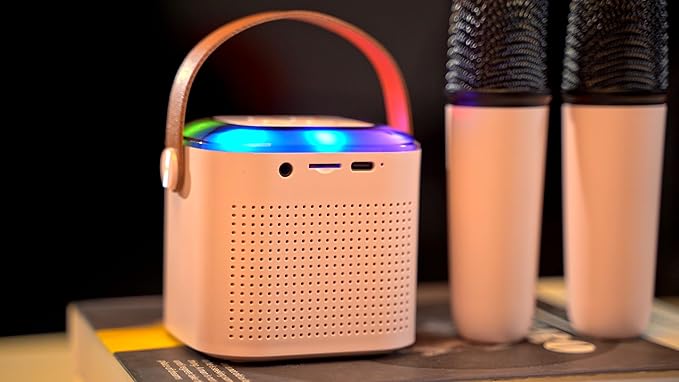 Mini Karaoke Machine with 2 Wireless Microphones for 5+ Years Old Kids, Rechargeable Portable Bluetooth Karaoke Singing Speaker with Voice Changing, RGB Light, for Birthday, Family, Home Party Gift