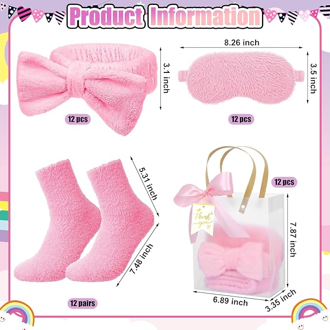 48 Pcs Spa Sleepover Party Supplies 12 Bow Headband 12 Plush Sleep Eye Mask Covers 12 Pair Fuzzy Sock 12 Gift Bags for Sleeping Sleepover Slumber Baby Shower Wedding Party Gift(Pink)