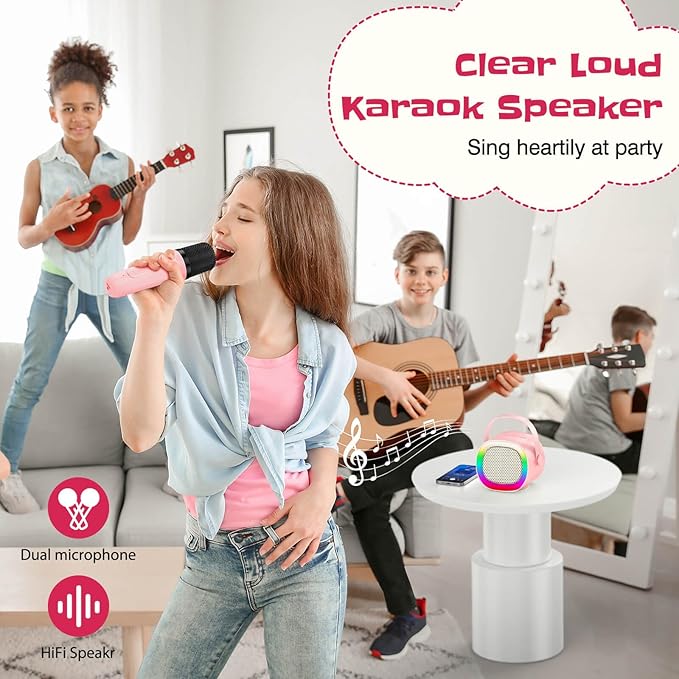 LENRUE Karaoke Machine for Kids, Birthday Gifts for Girls Boys Teens with Wireless Microphone, Colored Lights, Trendy Stuff Gifts for 3, 4, 5, 6, 7, 8, 9, 10 +Year Old (ProPink 2Mic)
