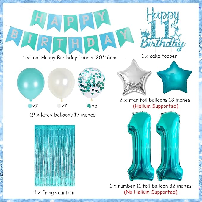 11th Birthday Decorations for Girls Teal - Happy 11th Birthday Decorations Eleventh Cake Topper Teal Fringe Curtain Turquoise Banner Number 11 Foil Balloon, 11 Year Old Girl Party Decor