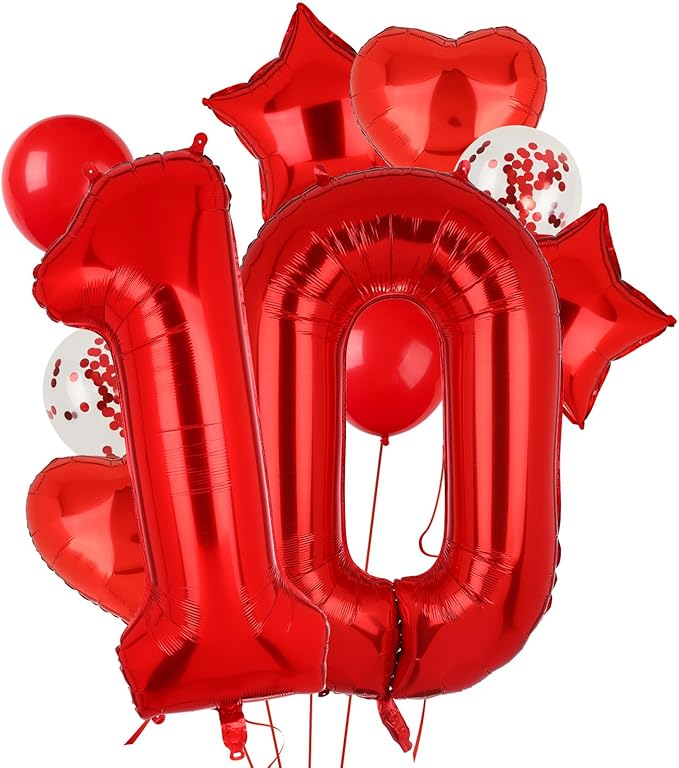 40 Inch Red Number Balloons 10 Mylar Foil Helium Digital Balloon 10th Anniversary Event Celebration 10th Birthday Party Decor Supplies 10 Pcs