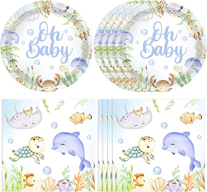 40pcs Under The Sea Baby Shower Decorations Sea Animal Theme Tableware Set Birthday Party Plates and Napkins Ocean Themed Party Decorations Supplies
