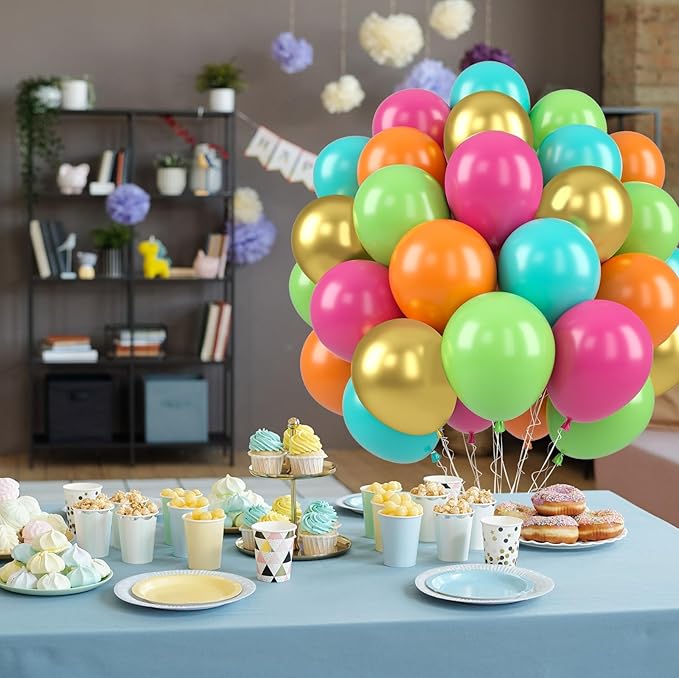 Paready Tropical Balloons Set, 50 Pcs Hawaiian Party Balloons, 12 Inch Hot Pink Orange Teal Green Metallic Gold Latex Balloons Colorful Helium for Baby Shower Summer Party Pool Beach Party Decorations