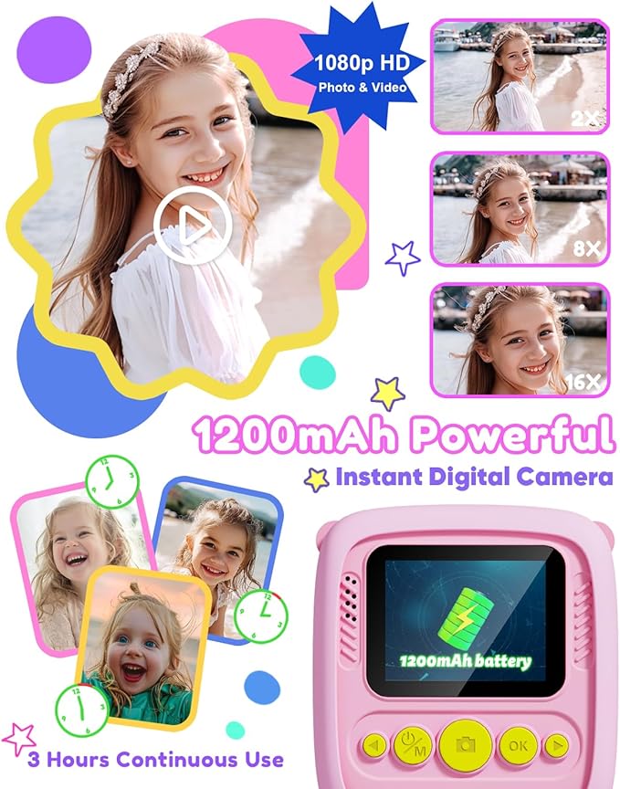 Kids Camera Instant Print, Christmas Birthday Gift for Girls 3-12 Year Old, 1080P Kids Digital Camera Toys with Unicorn Cover, Toddler Camera for 4 5 6 7 8 9 10 Year Old Girls Boys