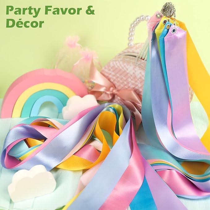 8PCS Pastel Rainbow Gymnastics Dance Ribbons Party Favors Decorations for Kids, Aesthetic Loot Bag Stuffers for Girls Unicorn Princess Carousel Ice-cream Butterfly Birthday Party