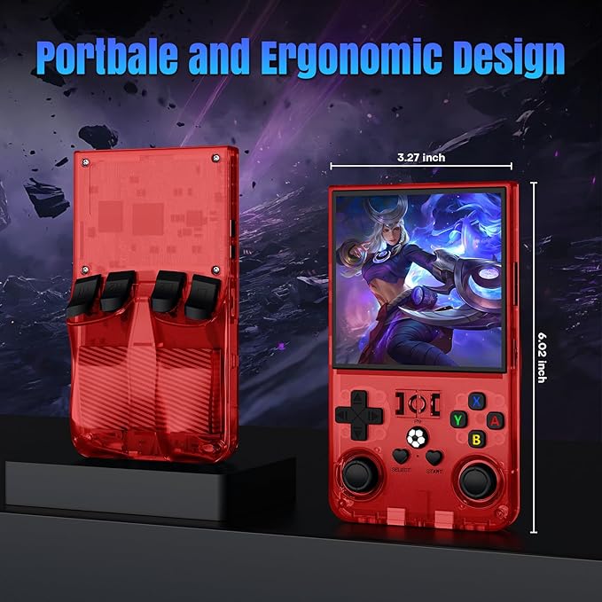 R36MAX Retro Handheld Game Console, 64GB Retro Gaming Console with 4.0 Inch Screen, Portable Video Game Consoles with 4000mAh Battery and Multiple Emulators, Open Linux System (Transparent Red)