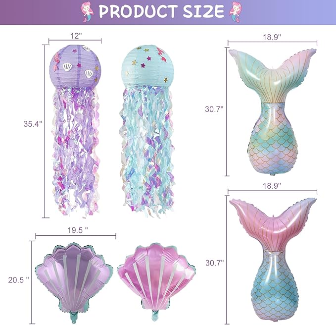 Mermaid Birthday Party Decorations Supplies Banner Tassel Garland Bubble Garland Hanging Jelly Fish Paper Lanterns Balloons Cake Topper Mermaid Happy Birthday Decorations for Women