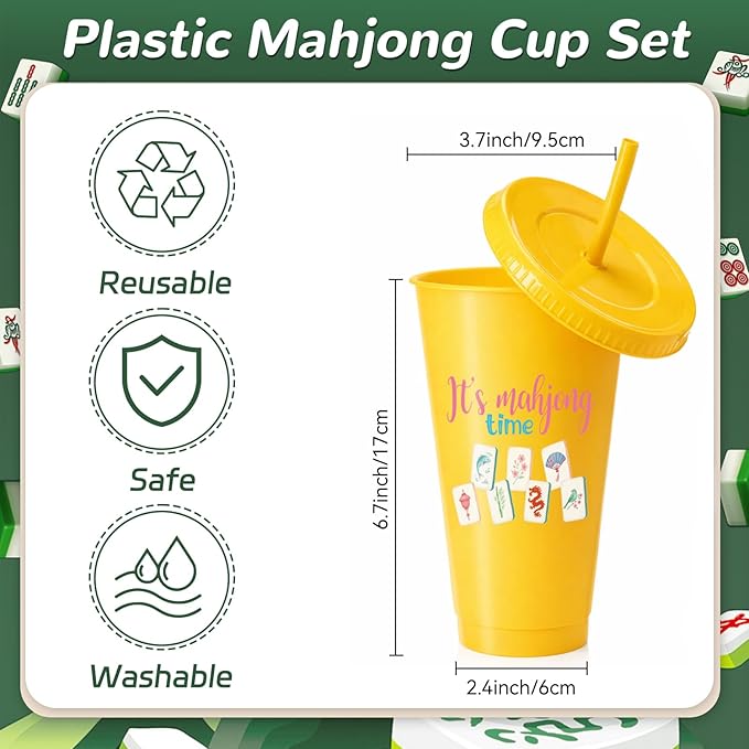 Sliner 12 Pcs Mahjong Cups with Lids and Straws 24 oz Reusable Plastic Mah-jong Tumblers Funny Mahjong Party Supplies Gifts for Mah-jong Players Lovers Travel Game Night