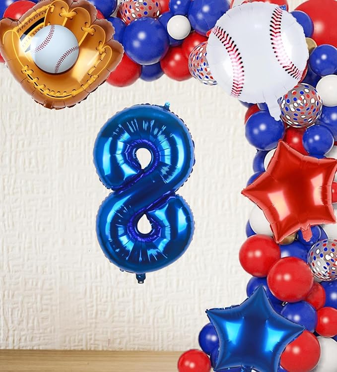 Baseball Balloons 8th Birthday Decorations for Boys | Baseball Birthday Decoration Sports Theme Party Supplies, 32Inch Foil Mylar Number 8 Balloon Navy Blue Red White Sports Balloon Arch Kits