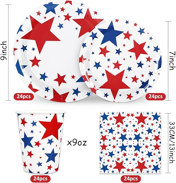 Whaline 96Pcs Patriotic Party Tableware Set with Paper Plate Napkin Cup Red Blue Star 4th of July Disposable Dinnerware for 24 Guests Independence Day Party Table Decor