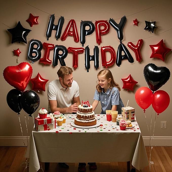 27 Pcs Black Red Birthday Decorations, 3D Letters Black Red Happy Birthday Balloon Banner, Pentagram Heart Foil Balloons Confetti Balloons Kit For Boys Girls Party Supplies