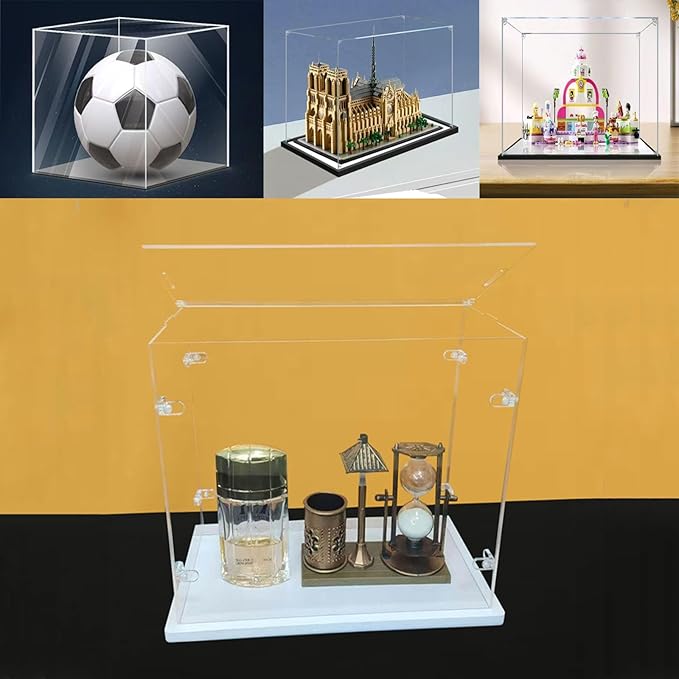 Clear Acrylic Display Cabinet Assembly, Thickened Base, top openable Door, Sturdy L-Shaped Buckle, dust Protection Cabinet for Action Doll Toy Collectibles (White, 35x20x30cm/14x8x12in)