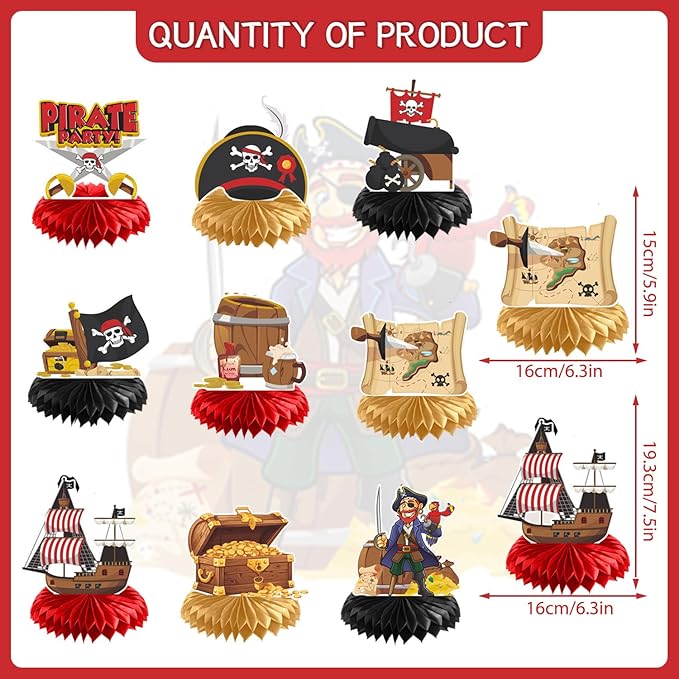 Gameza Pirate Party Decorations, 9PCS Pirate Birthday Party Honeycomb Centerpieces Table Decor, Baby Shower Table Decoration Supplies Kids Boys
