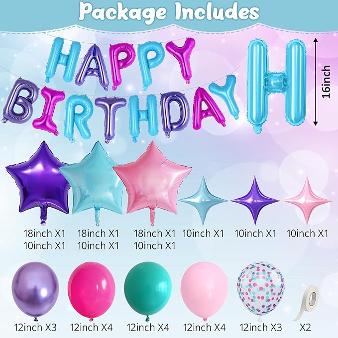 Pink Purple Blue Birthday Decorations Hot Light Pink Metallic Purple Teal Confetti Balloon Happy Birthday Banner Heart Foil Balloons 18/10 Inch Star Balloons for Girls Boys Bday Mermaid Party