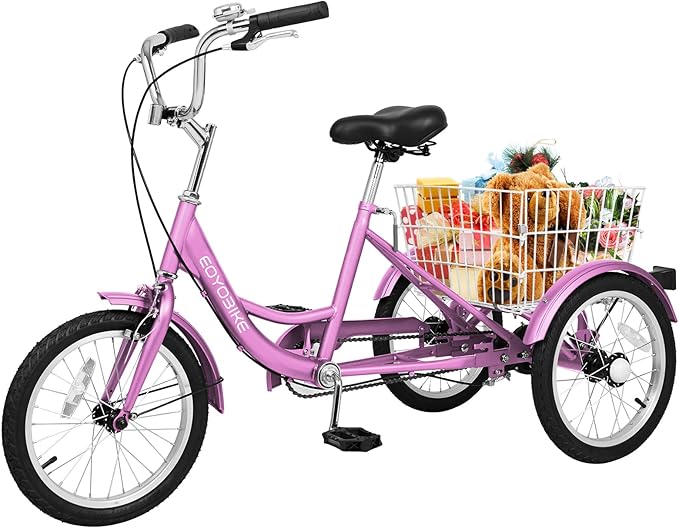 MOPHOTO 16 Inch Small Tricycle for Beginner Riders, Low Step-Through 3 Wheel Bike, Single Speed Trike with Hand Brakes, Adjustable Seat and Rear Basket, Fits Heights 3'9" to 4'9"
