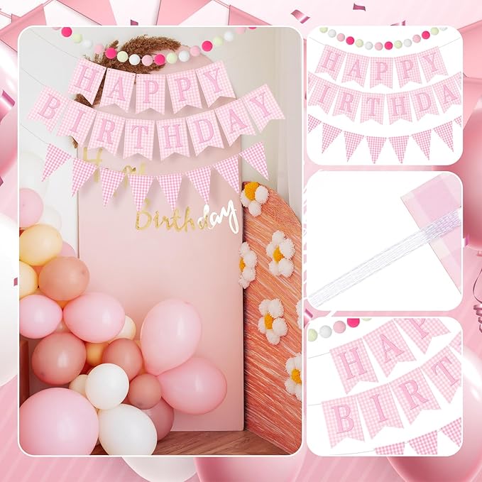 Set of 4 Pink Gingham Happy Birthday Banner Plaid Checkered Pennant Banner Decorations Felt Ball Happy 1st Birthday Garland for Gingham Party Supplies