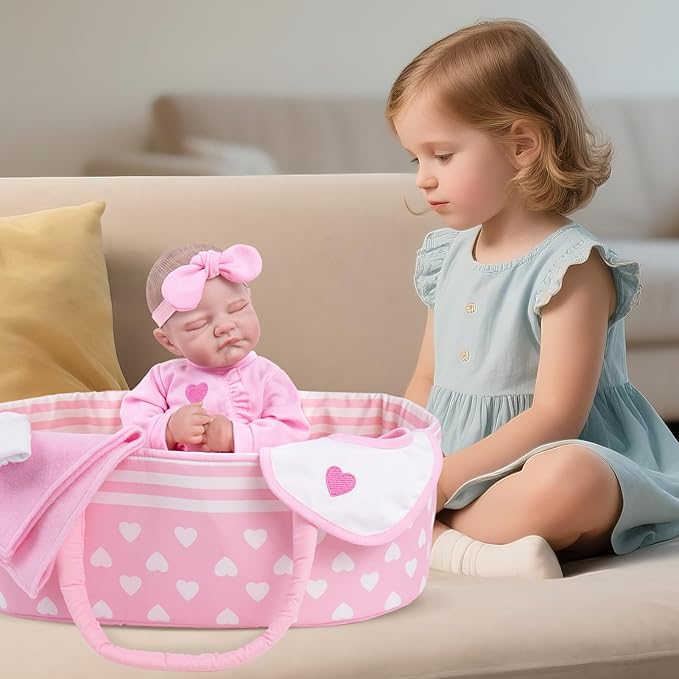 AORI Reborn Baby Dolls Bassinet - Foldable Doll Crib Bed Soft Doll Carrier Accessories with Handle for 17-22 Inches Newborn Baby Girls Pink