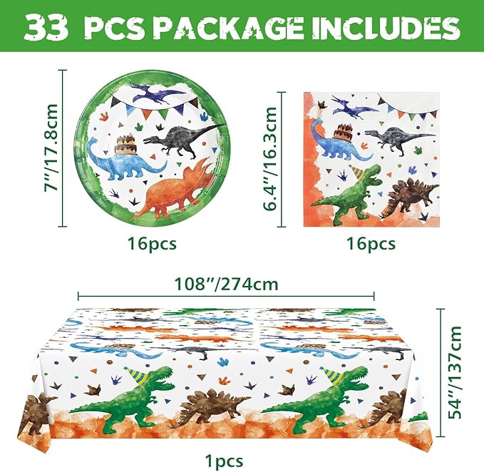 WERNNSAI Dinosaur Birthday Decorations - 33 PCS Dino Plates Napkins Tablecloth Watercolor Dinosaur Party Decorations Dino Party Favors for Birthday Supplies Serves 16 Guests