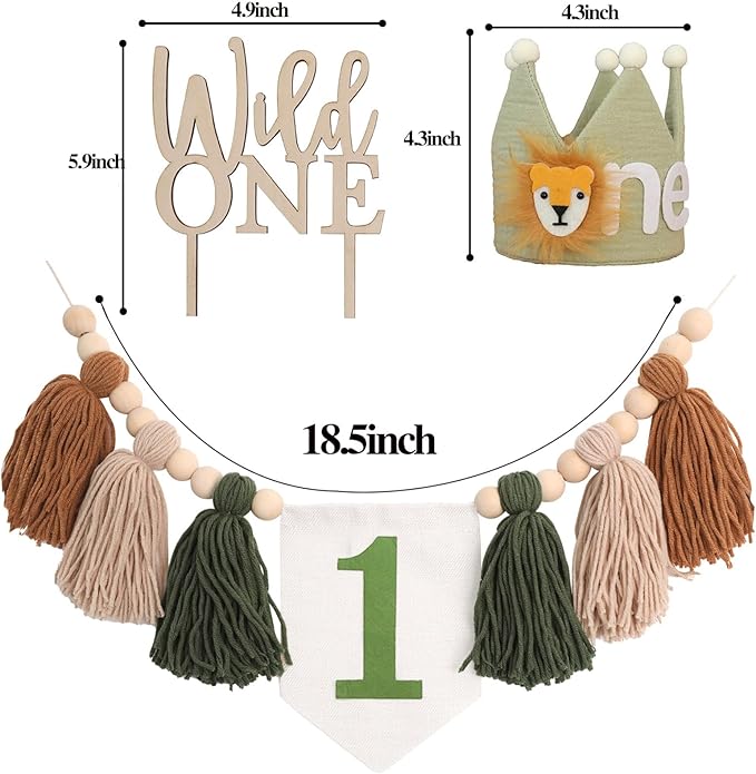 Wild One 1st Highchair Banner Wood Bead Tassel Garland Lion Crown Hat Wooden Cake Topper Birthday Party Decorations