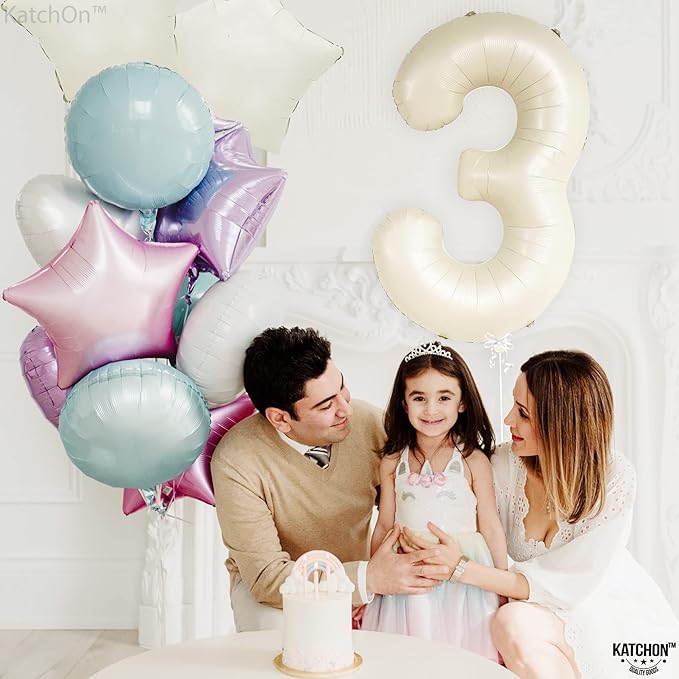 KatchOn, Cream White Number 3 Balloon Neutral - Giant, 40 Inch, Three Balloon | 3 Balloon Number for Young Wild and Three Decorations Girl | 3 Anniversary Decorations