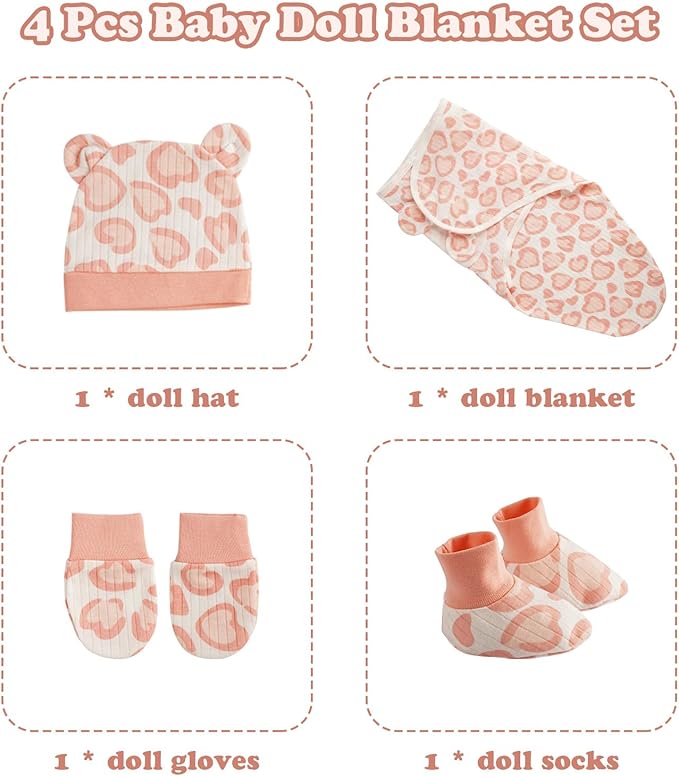 BABESIDE 4 Pcs Reborn Baby Doll Blanket with Doll Accessories Set for 17-24 Inch Babydolls, Heart Patterns Baby Doll Swaddle Blanket with Hat Gloves for Realistic Dolls Girl, Pink