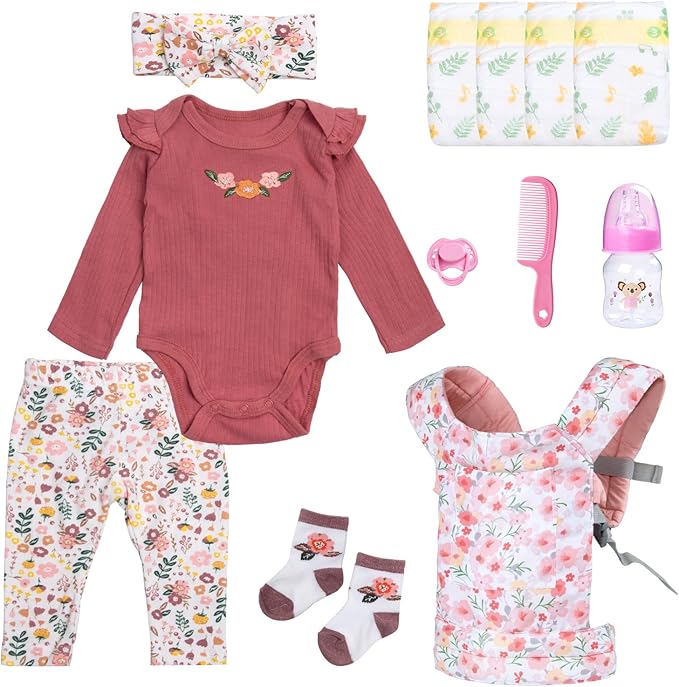 Reborn Baby Doll Clothes 17-20-22 Inch Girl Realistic Outfit Set with Red Romper & Flower Carrier and Soft Diapers 12-Piece Newborn Doll Accessories