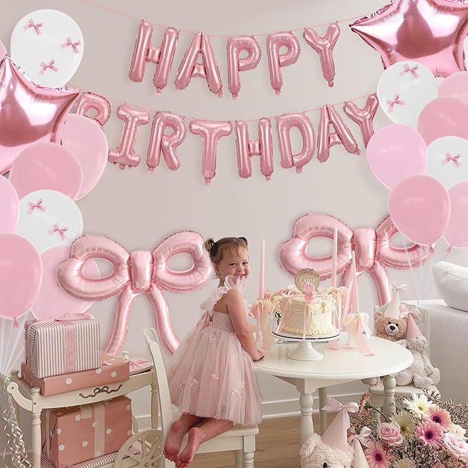 Bow Party Decorations Pink Happy Birthday Balloons Banner Pink Birthday Decorations Bow Balloons for Women Girls Birthday Decor Party Supplies