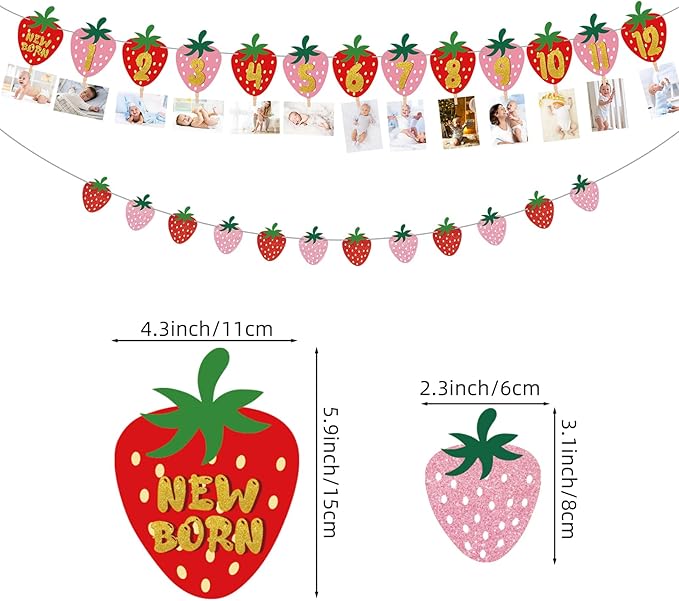 Strawberry First Birthday Party Decoration Berry 1st Monthly Photo Banner Milestone Photograph Bunting Garland for Baby Girl 12 Months Photo Display Baby Shower Berry Party Decorations Supplies