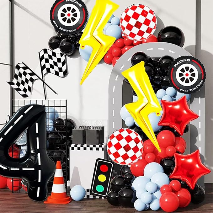 Race Car Birthday Party Decorations Large Lightning Bolt Foil Balloons Race Car Balloons 40 Inch Racetrack Number 4 Balloon for Boys 4th Race Car Birthday Party Decor Supplies