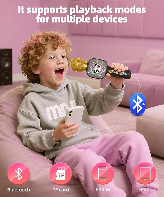 Bluetooth Karaoke Microphone Toy for Kids - Mini Portable Speaker with LED Lights, Wireless Pairing (TWS) for Duet Singing, Christmas Birthday Gift Toys for Boys & Girls Ages 2-12 (Pink - 1)