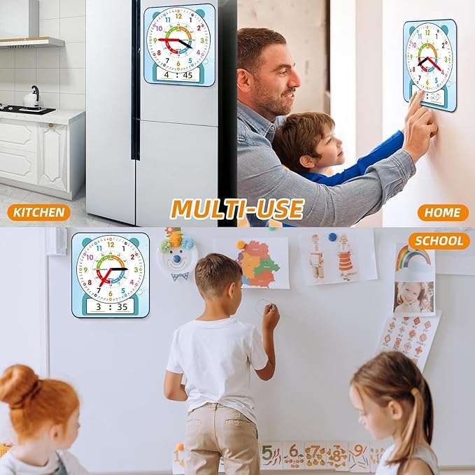 2 Pack Magnetic Writable Dry Erase Teaching Clock, Large 12" Teaching Demonstration Clock for Kids Learning Time with Cute Style for Home School Classroom Supplies(12" x 11")